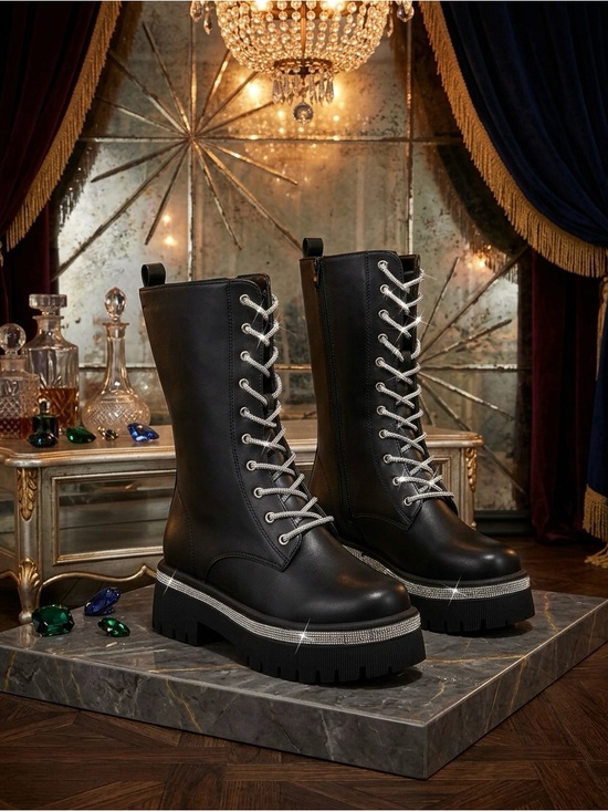 Wild Diva Shoes - Wild Diva Black Lace-Up Platform Combat Boots with Silver Rhinestone Trim